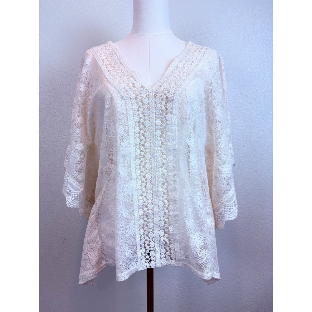 Women's Ivory Lace Boho Blouse Cottagecore Coastal Romantic Peasant Poncho Top